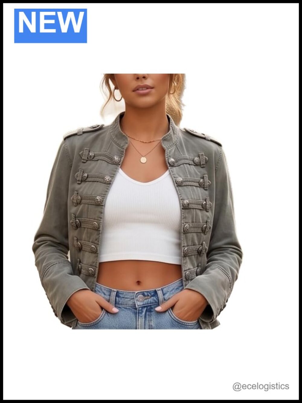 Womens Military Denim Jacket Cropped Napoleon Stand Collar Steampunk Open Front